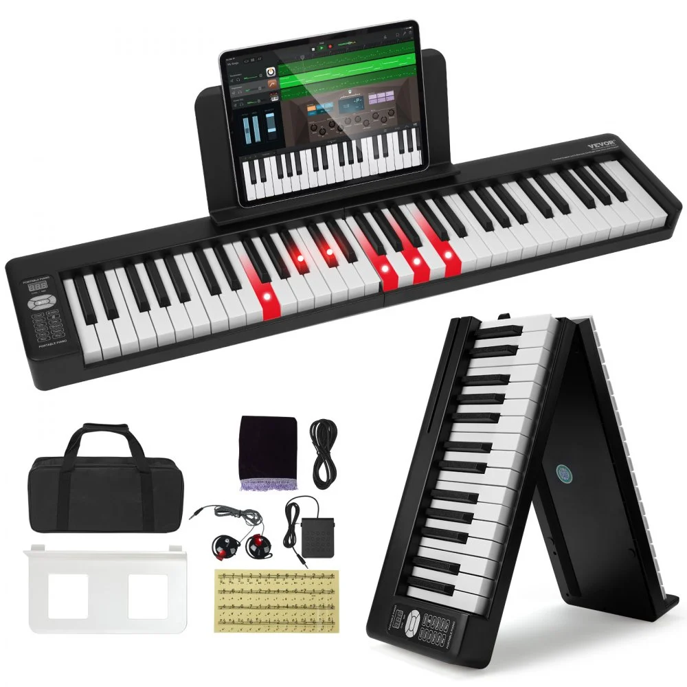 VEVOR 61 Key Folding Keyboard Piano, Bluetooth & MIDI, Portable Electronic Digital Foldable Piano with Sustain Pedal Touch Sensitive Lighted Keys Bag, Rechargeable for Beginners Teens Adults, Black
