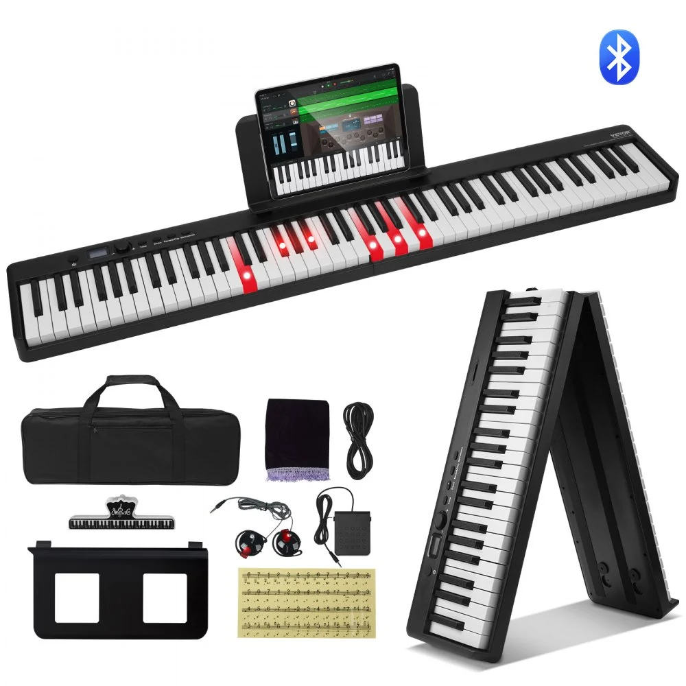 VEVOR 88 Key Folding Keyboard Piano, Bluetooth & MIDI, Portable Electronic Digital Foldable Piano with Sustain Pedal Bag Touch Sensitive Keys Headphones, Rechargeable for Beginners Teens Adults, Black
