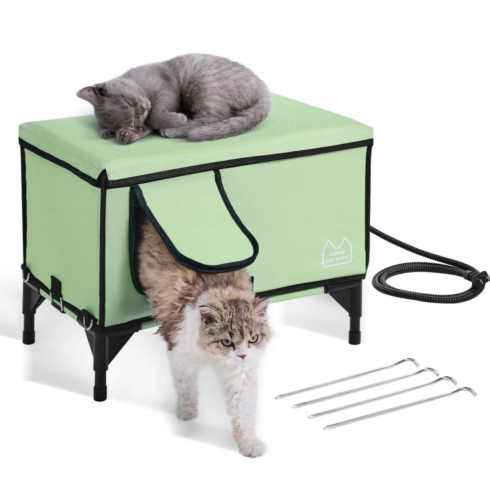 VEVOR Elevated Heated Cat House, Cuboid Kitty Shelter with Adjustable Temperature and Timer, 900D Oxford Cloth Foldable Cat Shelter with Heated Pad for Winter to Stay Warm and Cozy, Green (Middle)