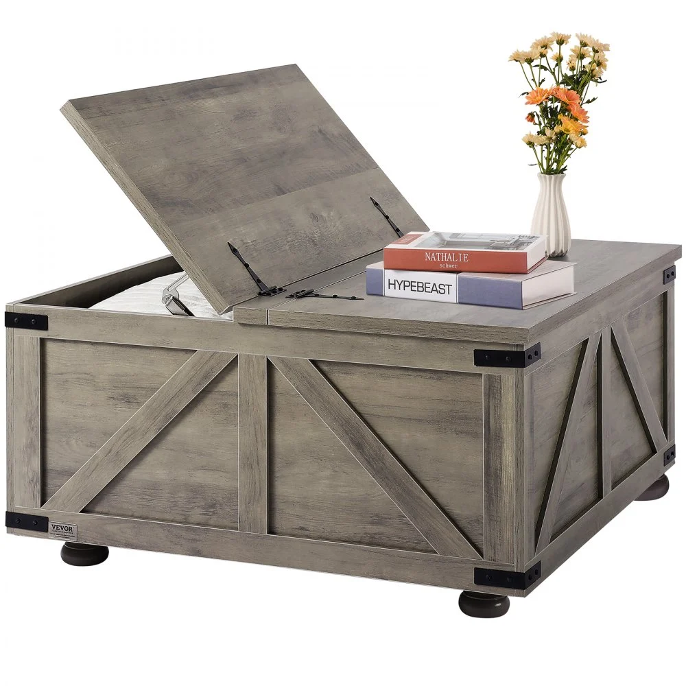 VEVOR 36" Farmhouse Coffee Table, Hinged Square Coffee Table with Large Storage Compartment, Wooden Rustic Cocktail Table for Living Room, Bedroom, Apartment, Studio, Beige