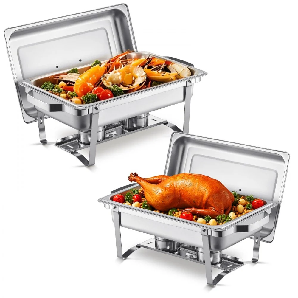 VEVOR Chafing Dish Buffet Set, 8 Qt 2 Pack, Stainless Steel Chafer with 2 Full Size Pans, Rectangle Catering Warmer Server with Lid Water Pan Stand Fuel Holder, for Weddings Parties Banquets, Silver