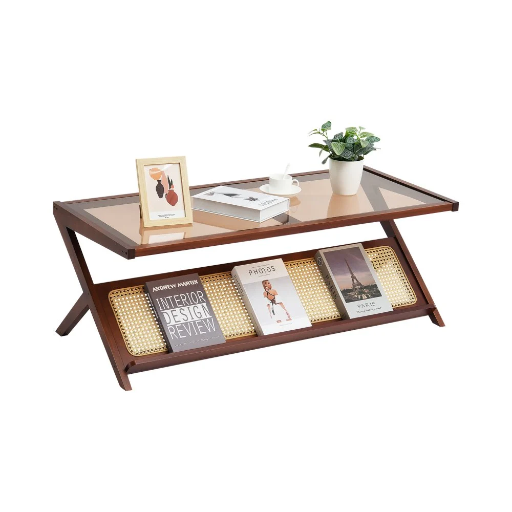 VEVOR Rattan Coffee Table, Z-Shaped Rattan Woven Bamboo Coffee Table with Tempered Glass Top, 47” Modern Boho Storage Coffee Table with Natural Bamboo Legs, for Living Room, Bedroom & Small Spaces