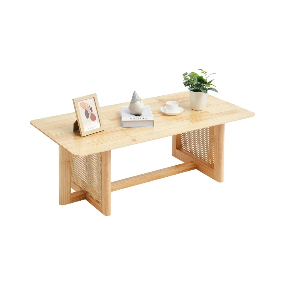 VEVOR Rattan Coffee Table, Rectangle Rattan Woven Wood Coffee Table with Rubber Wood Top, 47-Inch Modern Boho Storage Coffee Table with Natural Wood Legs, for Living Room, Bedroom & Small Spaces