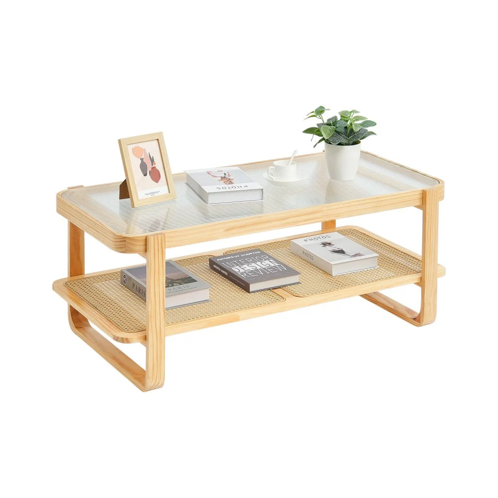 VEVOR Rattan Coffee Table, Rectangle Rattan Woven Wood Coffee Table with Tempered Glass Top, 45-Inch Modern Boho Storage Coffee Table with Natural Wood Legs, for Living Room, Bedroom & Small Spaces