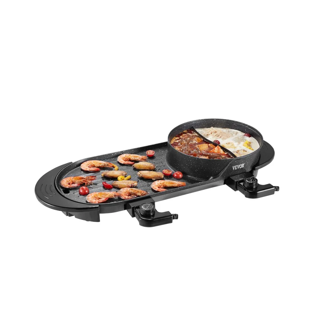 VEVOR Hot Pot with Grill, 2200W 2-in-1 Electric Smokeless Grill and Hot Pot, Korean BBQ Shabu Shabu Hotpot with Separate Dual Temperature Control, Non-stick Pan, for 1-6 People Family Dinning