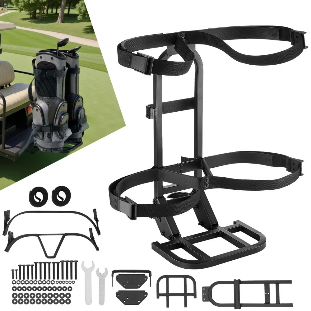 VEVOR Golf Cart Rear Seat Bag Holder, 27.1 x 15.6 x 29.7 inch, Compatible with Most Golf Carts with Rear Seat Grab Bar, Space-Saving Carbon Steel Bag Holder Bracket, No-Drilling Installation, Black