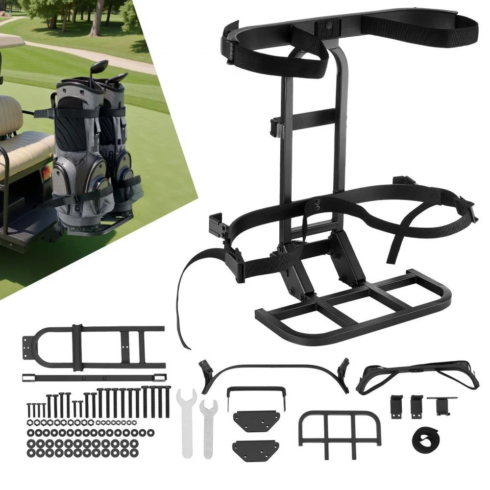 VEVOR Golf Cart Rear Seat Bag Holder, 27.8 x 16.1 x 30.9 inch, Compatible with Most Golf Carts with Rear Seat Grab Bar, Space-Saving Carbon Steel Bag Holder Bracket, No-Drilling Installation, Black