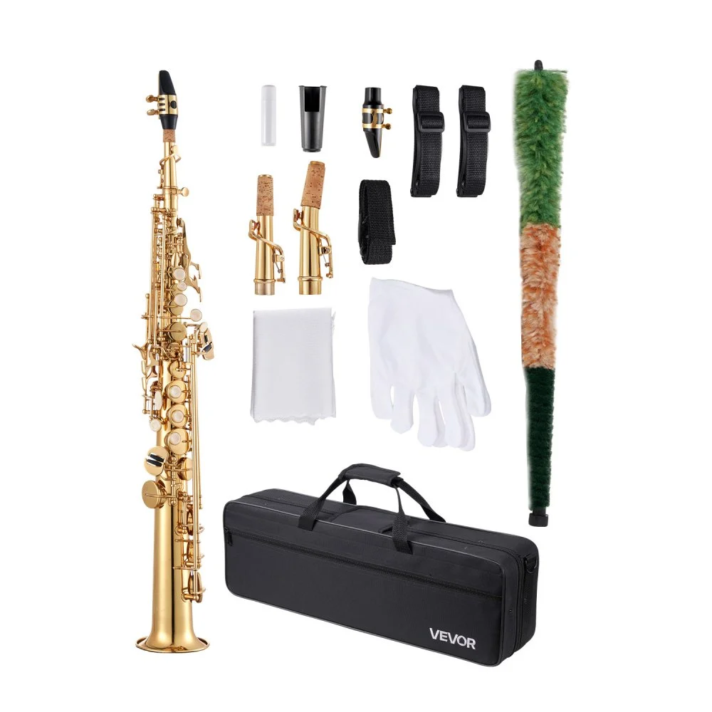 VEVOR Straight Soprano Saxophone, B Flat, Brass Saxophone Beginner Kit with Carrying Case, Mouthpiece, Cleaning Cloth Rod, Gloves, Neck Strap, 23 Keys Soprano Sax Kit, for Beginners Students, Gold