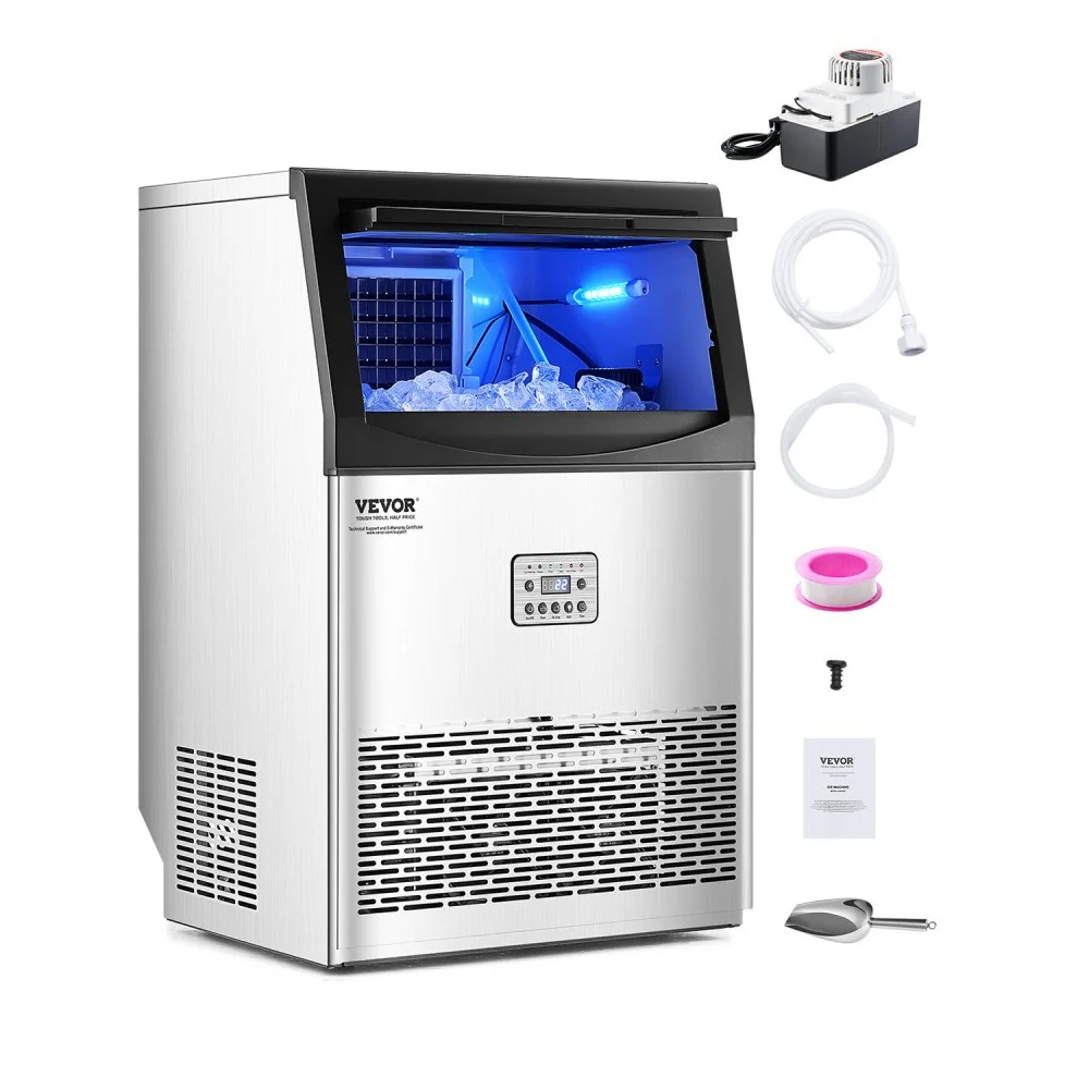 VEVOR 90lbs/24H Commercial Ice Maker Machine, 33lbs Storage Capacity Ice Maker with Drain Pump, 50 Ice Cubes in 15 Minutes, LED Digital Display Freestanding Self-Cleaning for Bar Office Restaurant