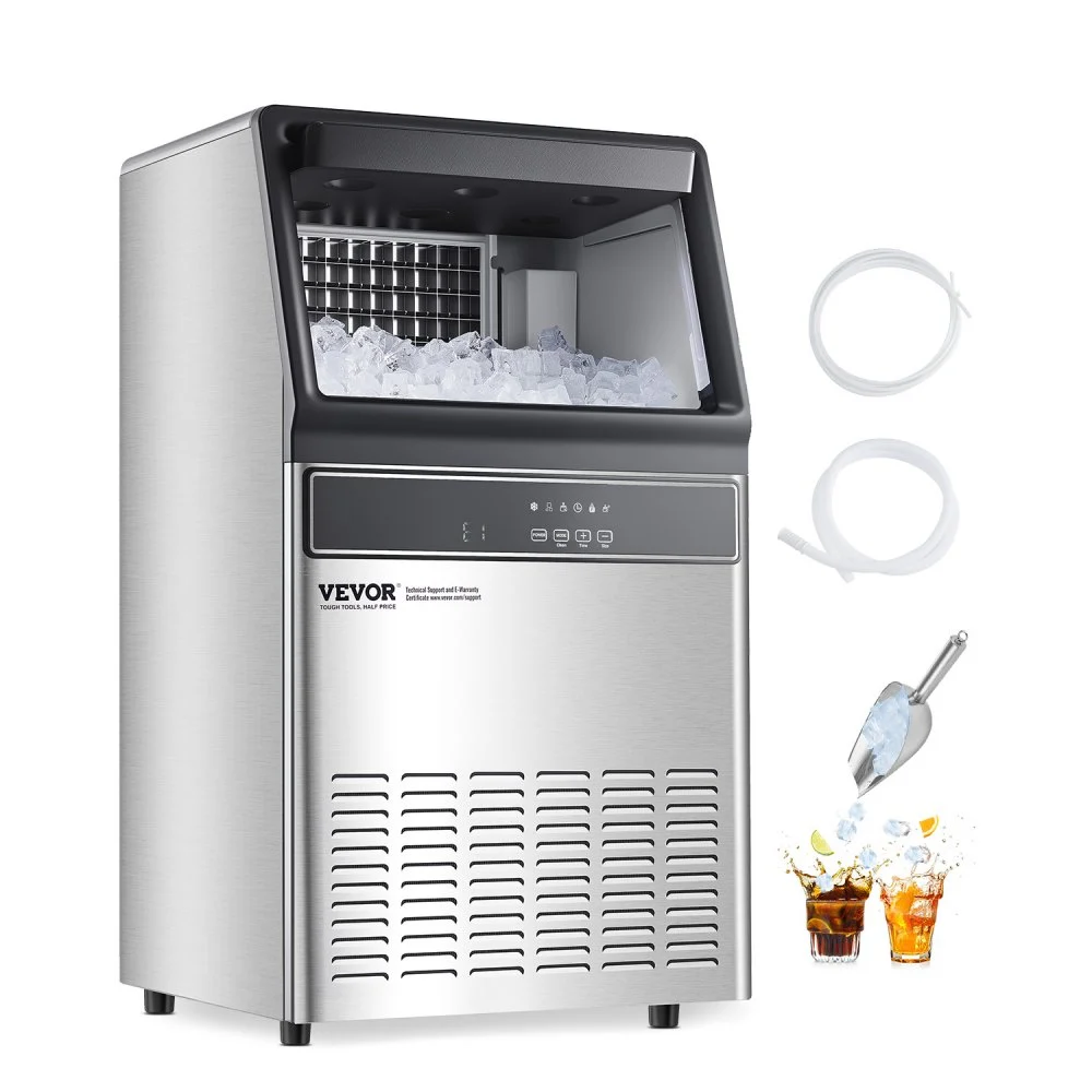 VEVOR 120lbs/24H Commercial Ice Maker Machine, 33lbs Storage Capacity Ice Maker with Drain Pump, 55 Ice Cubes in 15 Minutes, LED Digital Display Freestanding Self-Cleaning for Bar Office Restaurant
