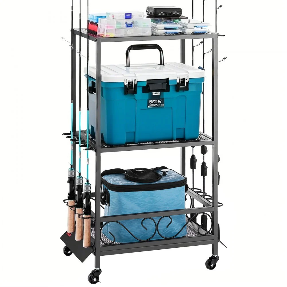 VEVOR Fishing Rod Holder for 10-Rods, Mobile Fishing Pole Rack Cart with Wheels, Fish Gear Equipment Organizer for Garage Home Indoor Use, for Tackle Box Reel Accessories Storage, Gifts for Men