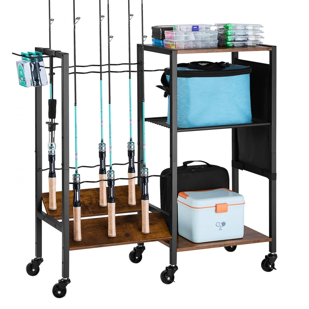 VEVOR Fishing Rod Holder for 12-Rods, Mobile Fishing Pole Rack Cart with Wheels, Fish Gear Equipment Organizer for Garage Home Indoor Use, for Tackle Box Reel Accessories Storage, Gifts for Men