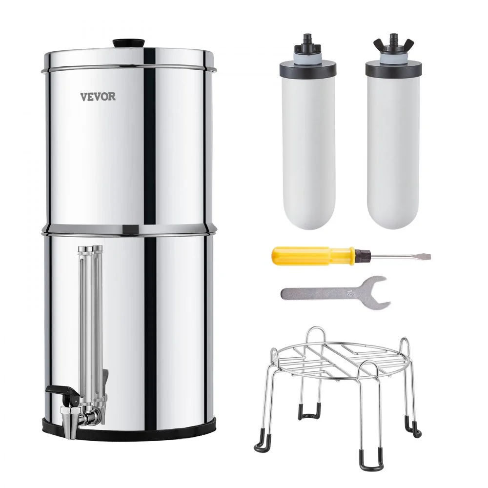 VEVOR Gravity-fed Water Filter System, 2.25G 304 Stainless-Steel Countertop Water Filtration System, Reduces Lead and up to 99% of Chlorine, with 2 Ceramic Carbon Filters, Water Level  Spigot, Stand