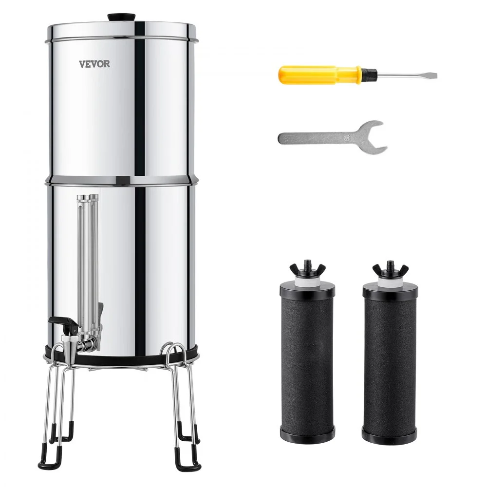 VEVOR Gravity-fed Water Filter System, 2.25G 304 Stainless-Steel Countertop System, Water Filtration System, Reduces Lead and up to 99% of Chlorine, with 2 Carbon Filters, Water Level  Spigot, Stand