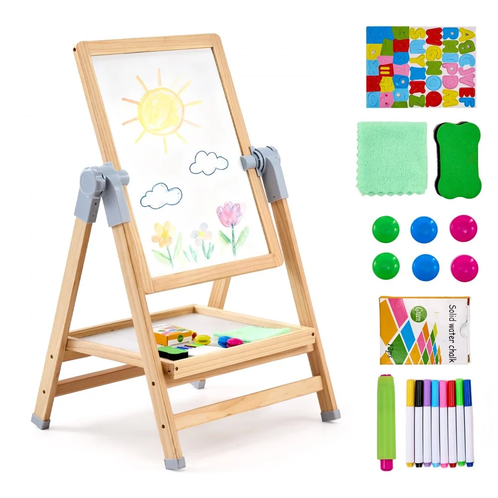 VEVOR Art Easel for Kids, 2-in-1 Wooden Double-Sided Kid's Art Easel with Magnetic Whiteboard & Chalkboard, Adjustable Standing Rotatable Foldable Drawing Board with Painting Accessories for Boy Girl
