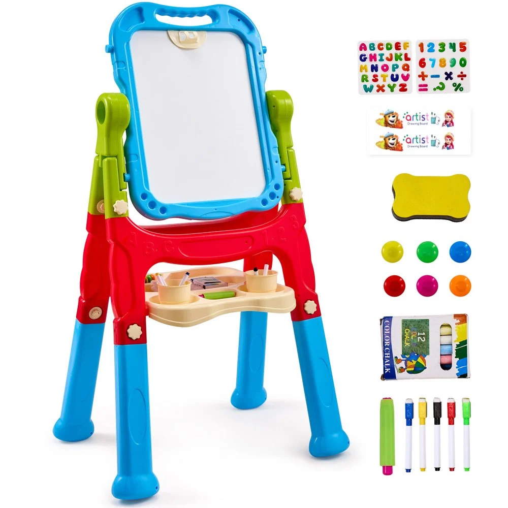 VEVOR Art Easel for Kids, 2-in-1 Double-Sided Kid's Art Easel with Magnetic Whiteboard & Chalkboard, Adjustable Standing Rotatable Removable Drawing Board with Painting Accessories for Boys and Girls