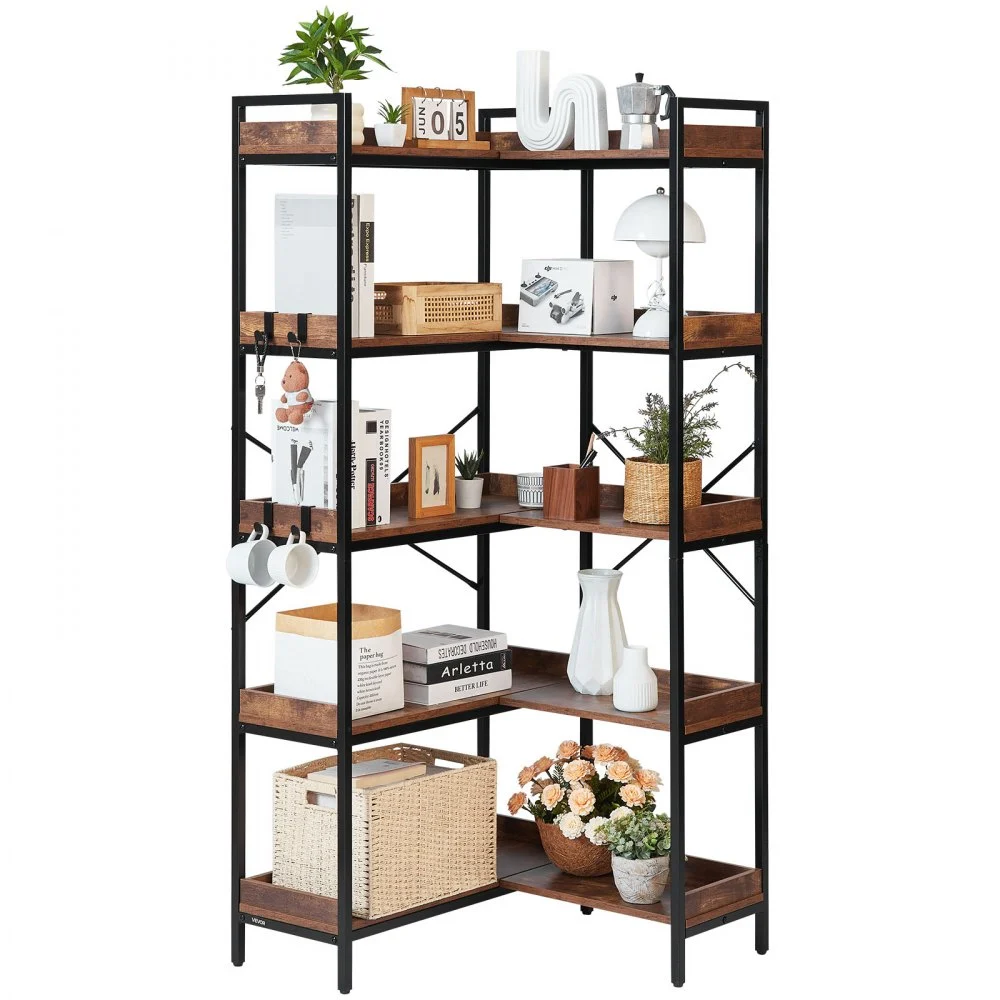 VEVOR 5 Tier Corner Bookshelf with 4 Hooks, 65.4" Tall Corner Bookcase with Heavy Duty Metal Frame & Wooden Shelves, Industrial L Shaped Corner Display Shelf for Bedroom, Living Room, Office