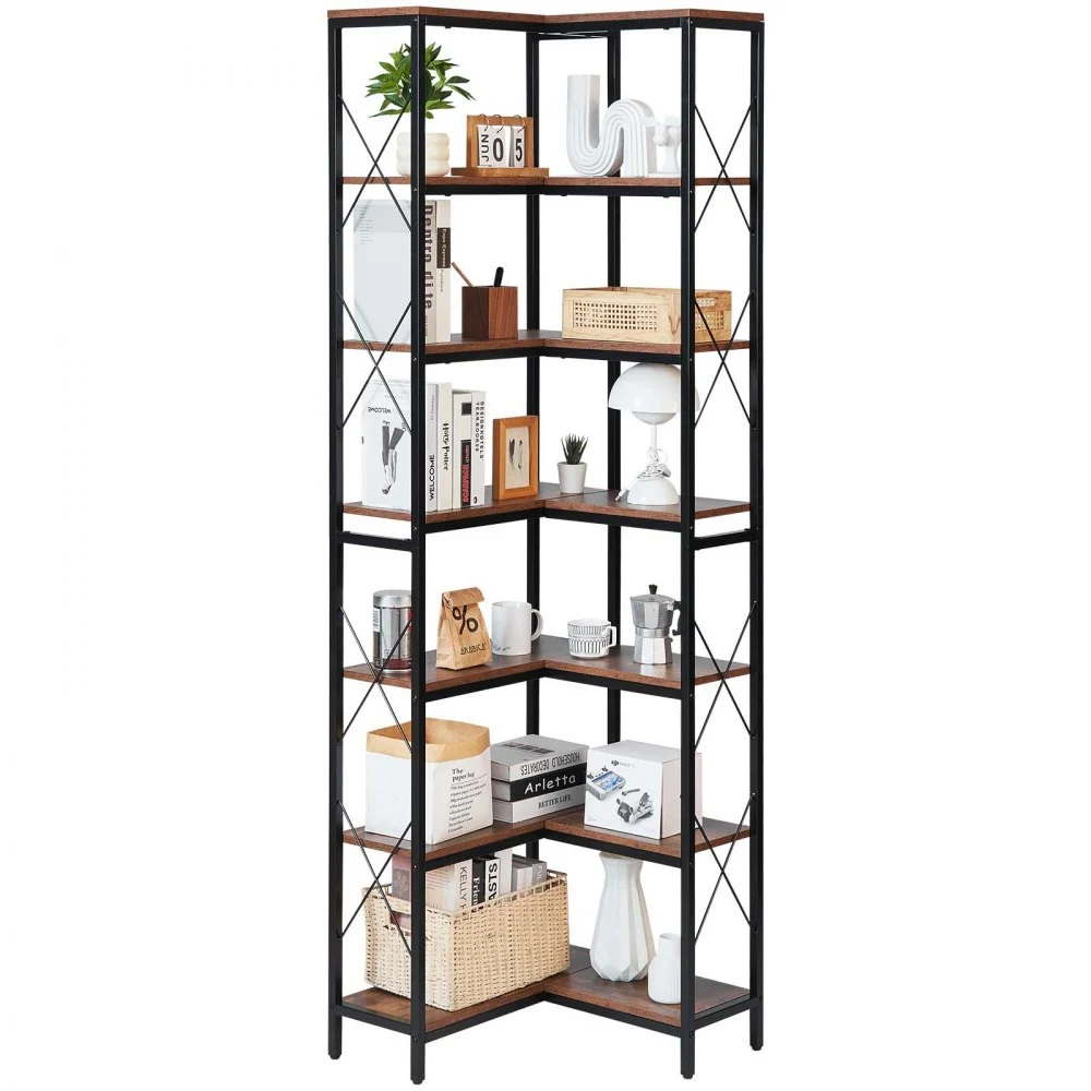VEVOR 7 Tier Corner Bookshelf, 79" Tall Corner Bookcase with Heavy Duty Metal Frame & Wooden Shelves, Industrial Reversible L Shaped Corner Display Shelf for Bedroom, Living Room, Office