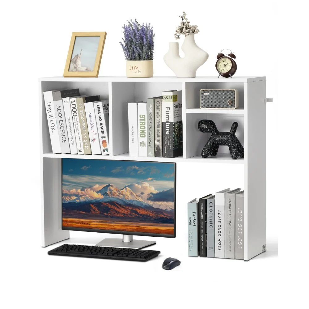 VEVOR Desktop Bookshelf, 1-Tier Desktop Storage Organizer, 37" x 9.4" x 28.7" Office Storage Rack Wood Display Shelf, Desktop Bookshelf Hutch with Anti-Slip Feet Pads, for Office, Home & Dorm, White
