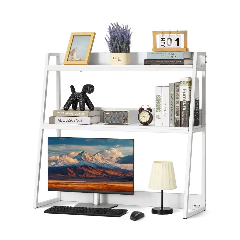 VEVOR Desktop Bookshelf, 2-Tier Desktop Storage Organizer, 37.4" x 12.6" x 35.4" Office Desk Storage Rack Display Shelf, Desktop Bookshelf Hutch with Anti-Slip Feet Pads, for Office, Home & Dorm, White