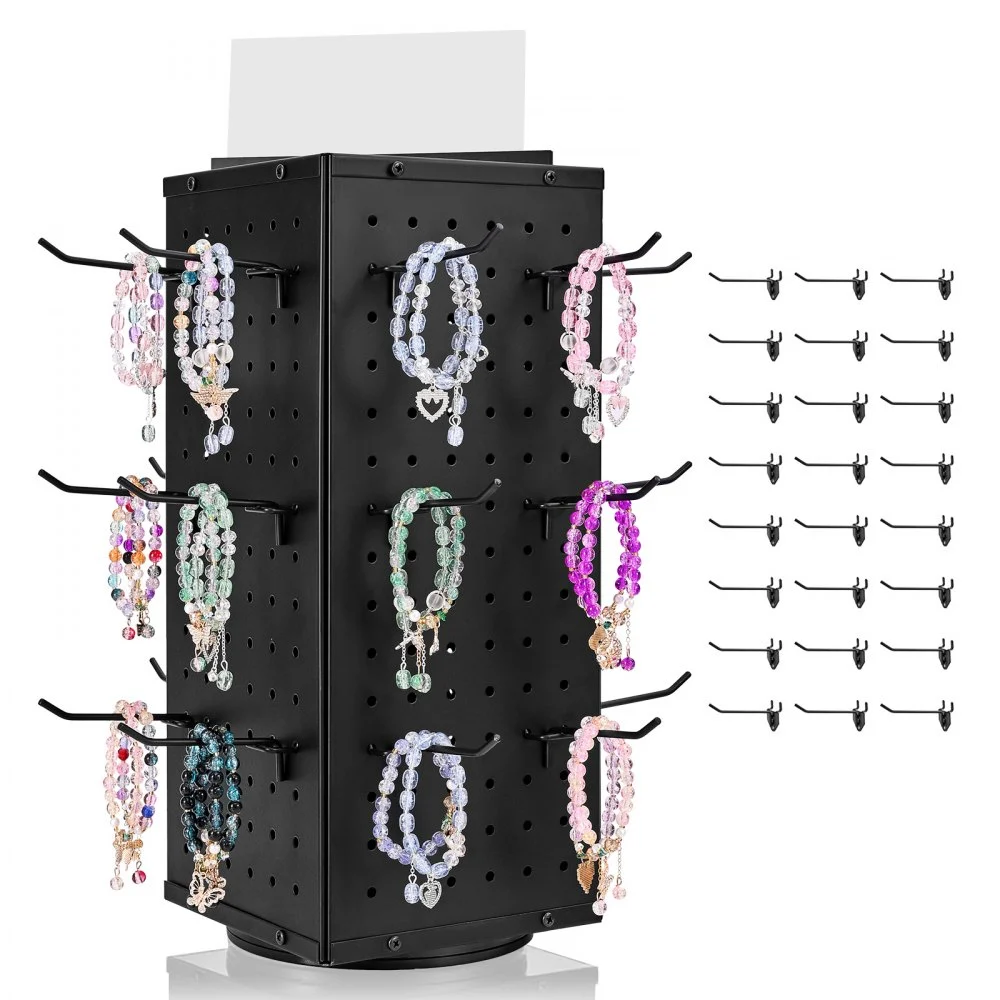 VEVOR Rotating Pegboard Display Stand, 7.4 x 7.4 x 17 in 4-Sided Spinning Peg Board Display with 24 Hooks, Thickened Cold-Rolled Steel Craft Rack Organizer for Grocery Retail Store Jewelry Shop, Black