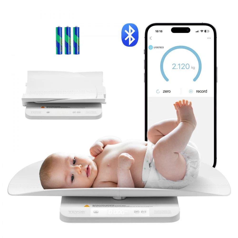 VEVOR Baby Scale, Smart Bluetooth Infant Weight Scale, 2-in-1 Digital Baby Scale for Weighing with Detachable Tray, Hold & Tare Function, 5 Units for Toddler, Pet, 66LBS Capacity (3 x Battery Include)