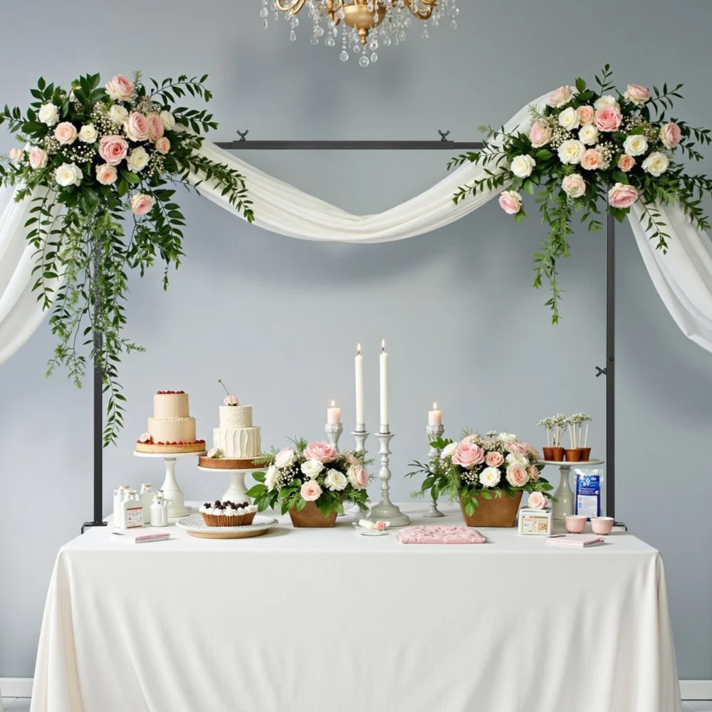 VEVOR Over The Table Rod Stand with Clamps, 13"-42" Tall & 28"-98" Length Adjustable, Metal Table Arch Stand, Tabletop Balloon Arch Frame for Wedding Birthday Party Christmas Decorations, Black