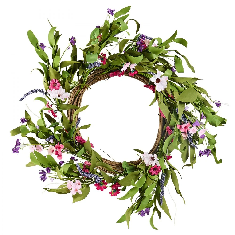 VEVOR Artificial Decorative Wreath, 22 in, Pink Green, Decorated with Daisies, Babysbreath, Buds, Year Round Wreath for All Seasons Indoor and Outdoor Home Wall Window Festival Wedding Decorations