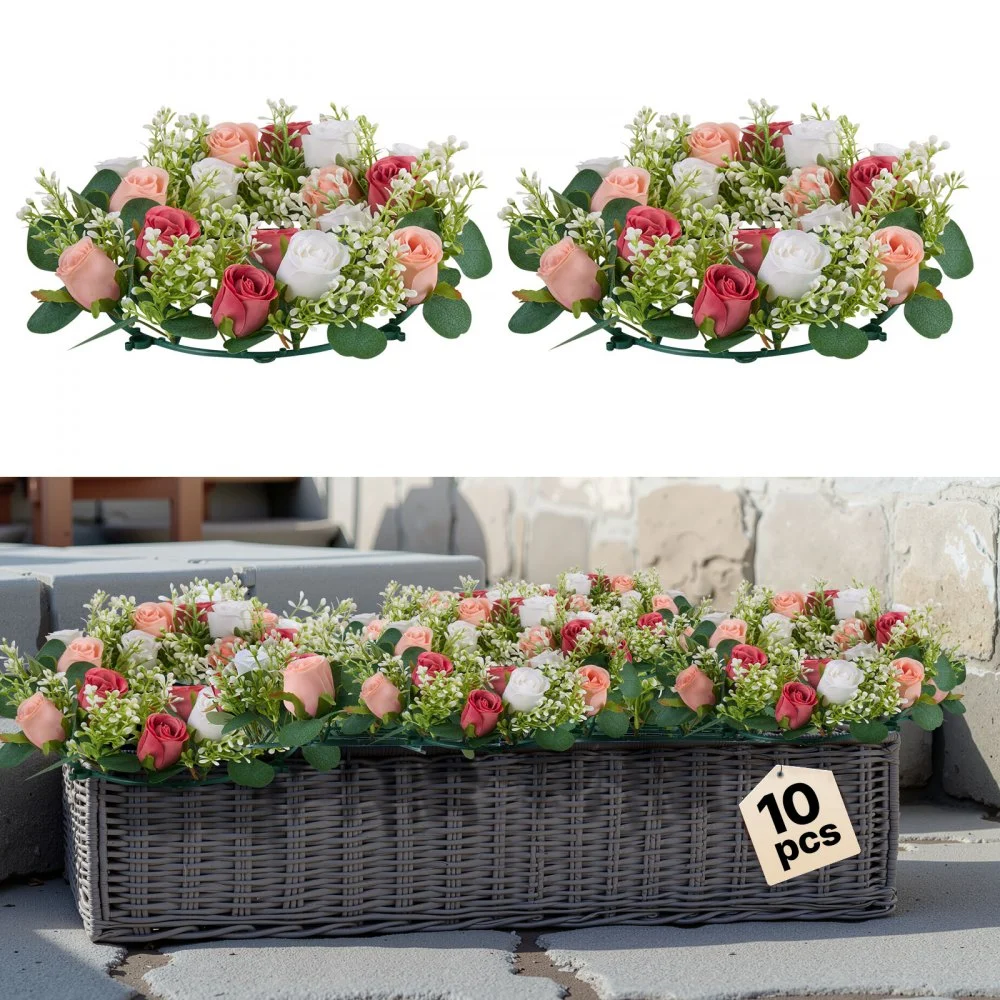 VEVOR Artificial Rose Wreath, 14-Inch Diameter Faux Flower Wreath with Pink and White Roses, Flower Arrangement Centerpiece for Valentine's, Mother's Day, Party, Wedding and Home Table Décor, 10 PCS