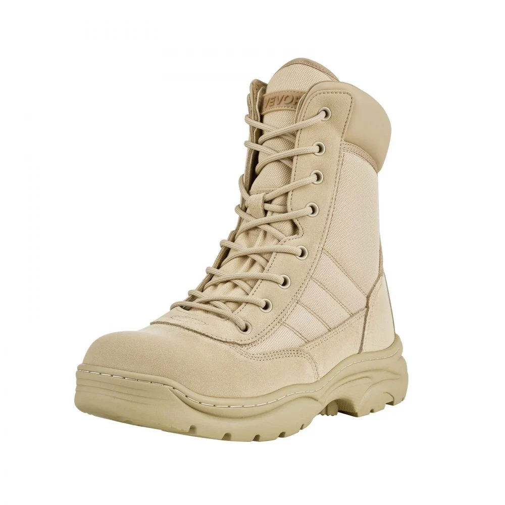 VEVOR Men's Military Tactical Boots, 8 inch Combat Hiking Work Boots, Lightweight & Breathable Side Zipper Motorcycle Interceptor Trooper Boot, for Outdoor Security, US Size 10.5 Sand-colored