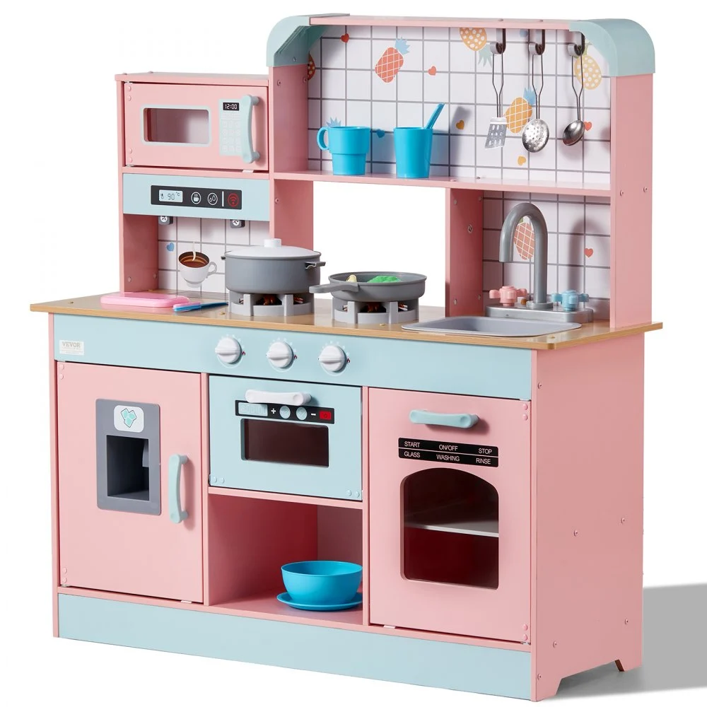 VEVOR Play Kitchen for Kids, Wooden Toy Kitchen Set with Lights and Sounds, Toddler Kitchen with Ice Maker, Oven, Sink, Microwaves, Fridge and Utensil and Fruit Accessory for Toddlers ages 3-8,Pink