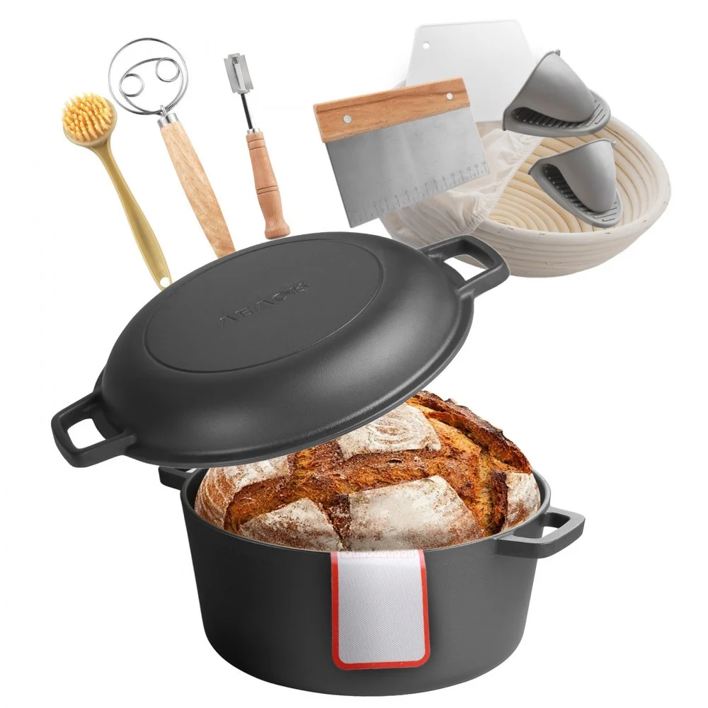 VEVOR Cast Iron Dutch Oven, 2-in-1 Pre-Seasoned Pot with Skillet Lid, 5QT Cookware Pan with Proofing Basket, Bread Baking Accessories, Bread-Oven Compatible 500℉