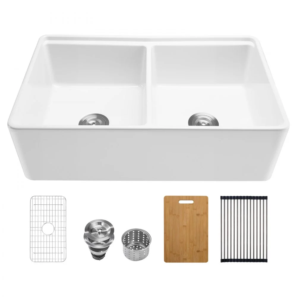 Clearance
VEVOR 33x20 inch Farmhouse Sink, White Sink Workstation, Fireclay Undermount Basins, Apron Front Double Bowl Basin with Multiple Accessories, Large Capacity Household Dishwasher Sinks for Kitchen
