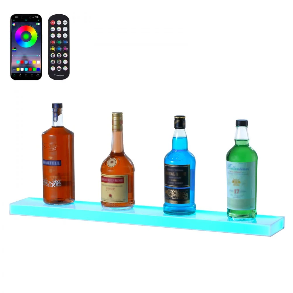 VEVOR LED Lighted Liquor Bottle Display, 1 Tier 30 Inch Wall Mounted Whiskey Rack Stand, 1 Step Commercial Illuminated Home Bar Shelf, Acrylic Drinks lighting Shelves with RF Remote & App Control