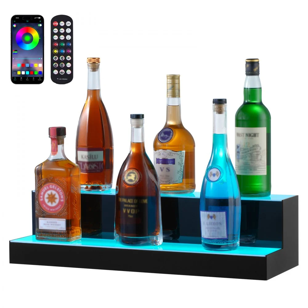 VEVOR LED Lighted Liquor Bottle Display, 2 Tiers 24 Inch Commercial Illuminated Home Bar Shelf, 2 Steps Whiskey Rack Stand, Acrylic Drink Shelves with RF Remote & App Control, and Multicolor lighting