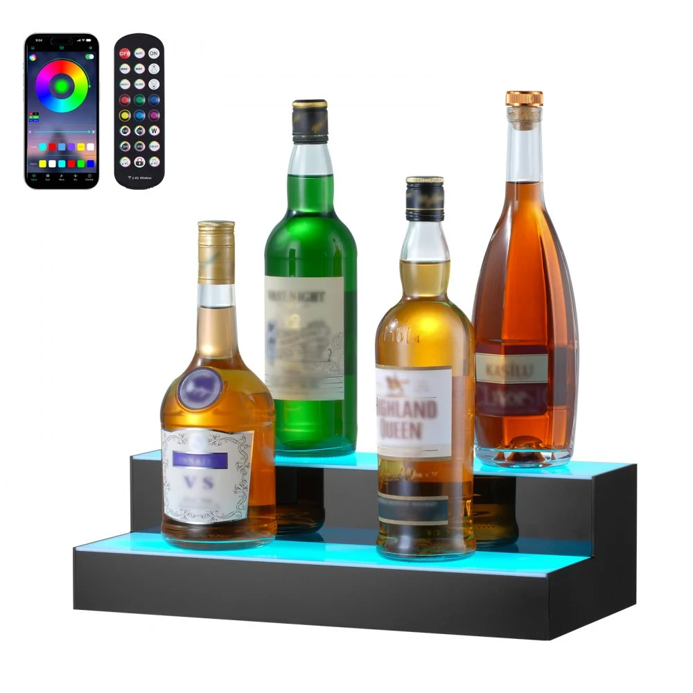 Clearance
VEVOR LED Lighted Liquor Bottle Display, 2 Tiers 16 Inch Commercial Illuminated Home Bar Shelf, 2 Steps Whiskey Rack Stand, Acrylic Drink Shelves with RF Remote & App Control, and Multicolor lighting