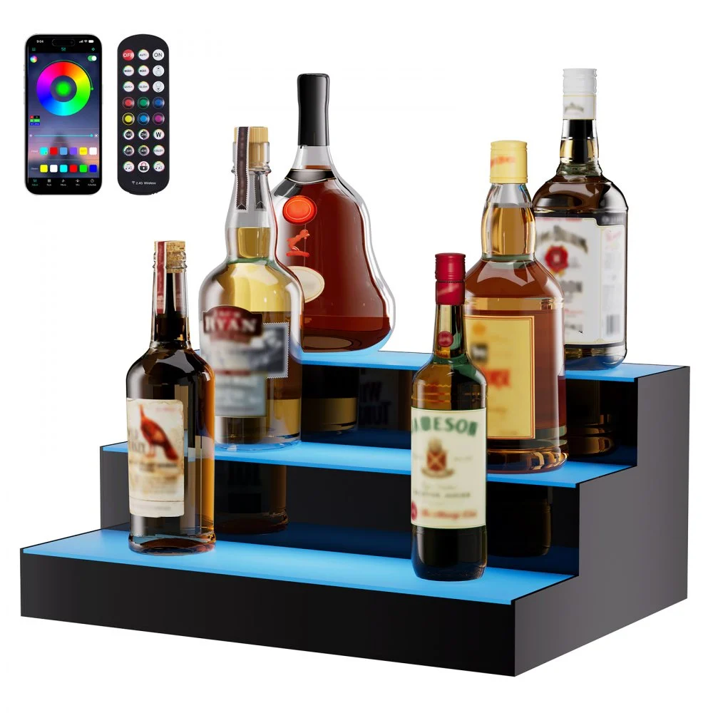 VEVOR LED Lighted Liquor Bottle Display, 3 Tiers 16 Inch Commercial Illuminated Home Bar Shelf, 3 Steps Whiskey Rack Stand, Acrylic Drink Shelves with RF Remote & App Control, and Multicolor lighting