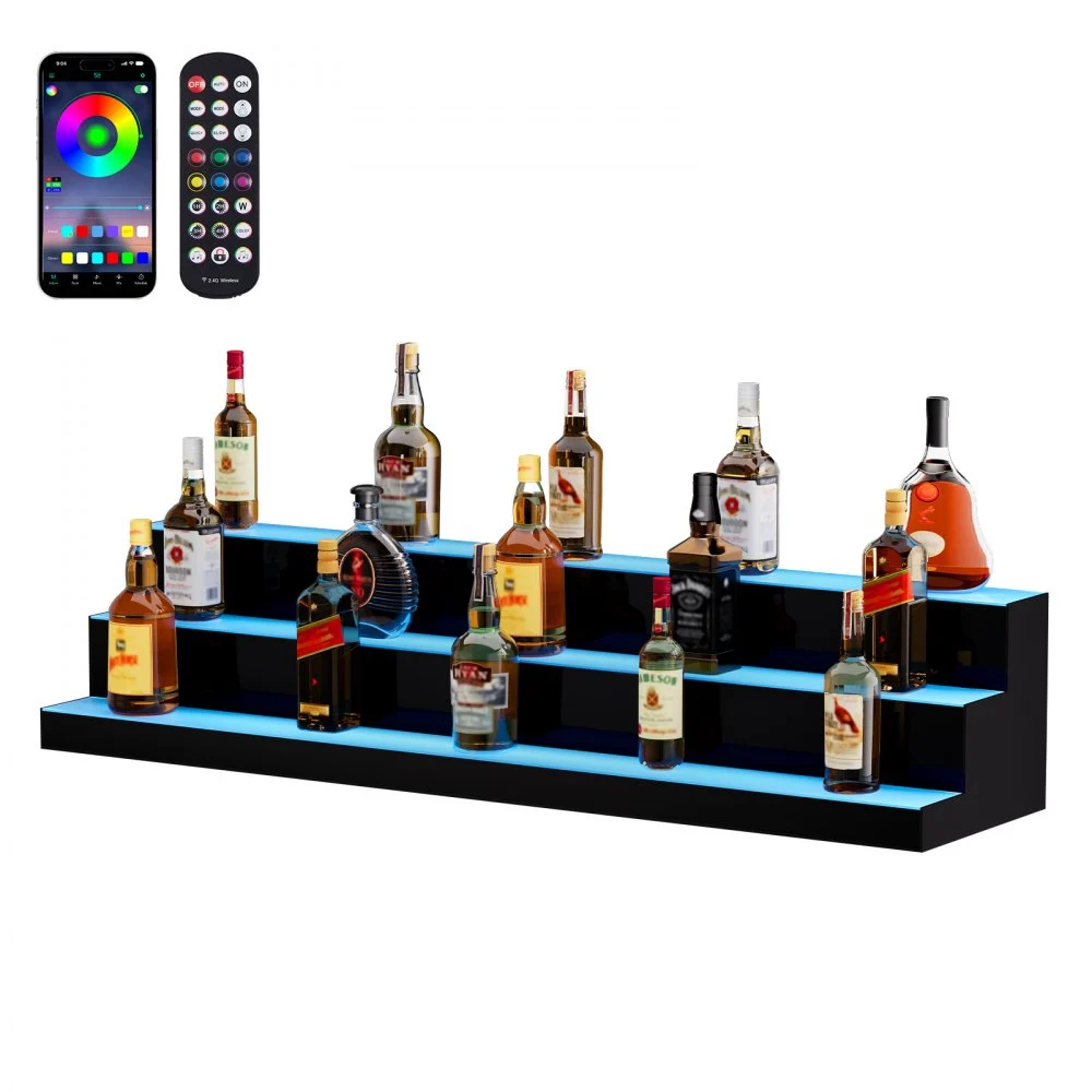 VEVOR LED Lighted Liquor Bottle Display, 3 Tiers 48 Inch Commercial Illuminated Home Bar Shelf, 3 Steps Whiskey Rack Stand, Acrylic Drink Shelves with RF Remote & App Control, and Multicolor lighting