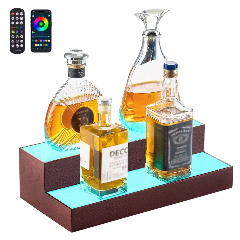 VEVOR LED Lighted Liquor Bottle Display, 2-Tier 16 Inch Whiskey Rack, Supports USB, Illuminated Home Bar Shelf with RF Remote & App Control, 7 Static Colors, Acrylic+ Wood Lighted Shelf for 8 Bottles