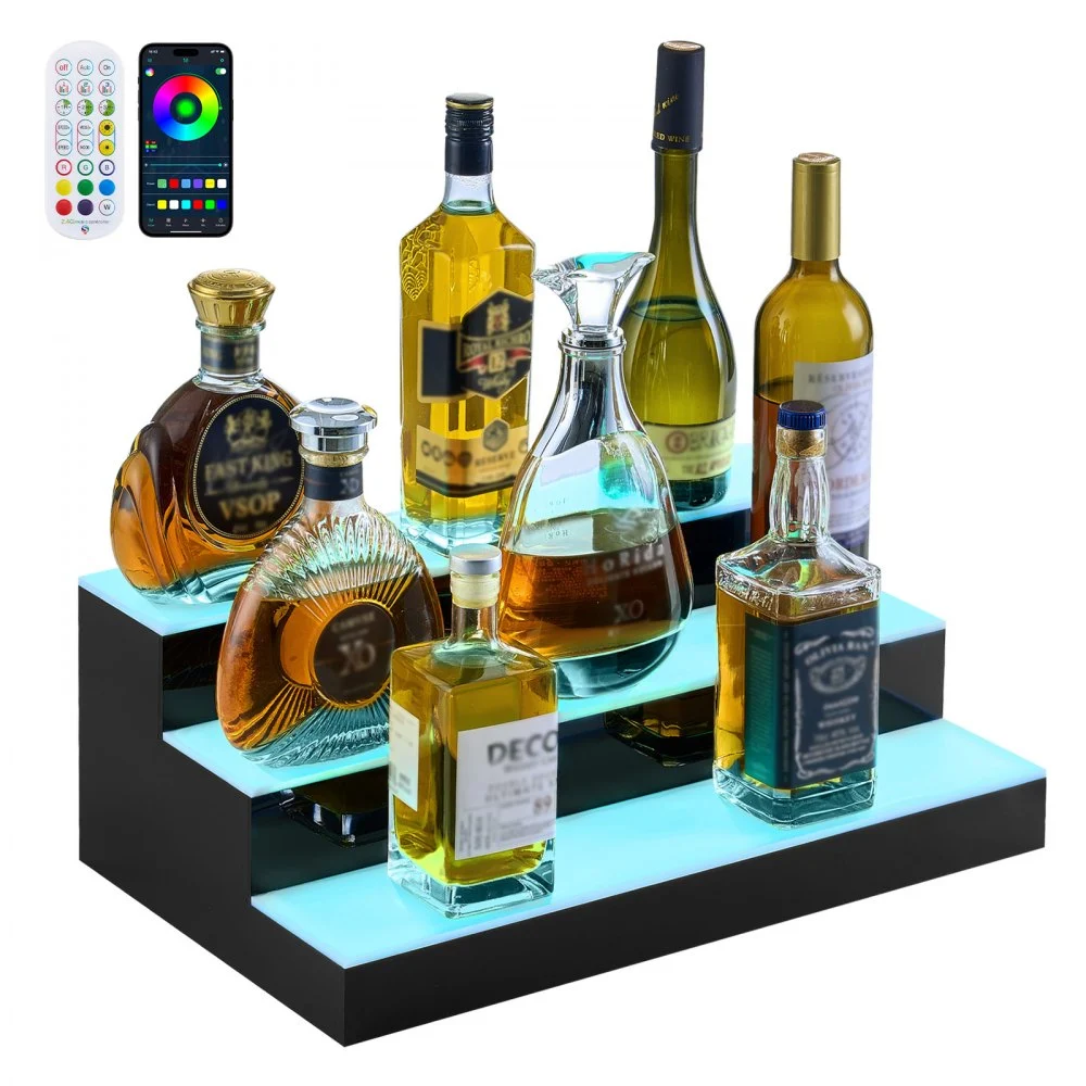 Summer Sale

        
               VEVOR LED Lighted Liquor Bottle Display, 3 Tiers 20 Inches Whiskey Rack, Supports USB, Illuminated Home Bar Shelf with RF Remote & App Control, 9 Static Colors, Acrylic Lighted Shelf for 15 Bottles