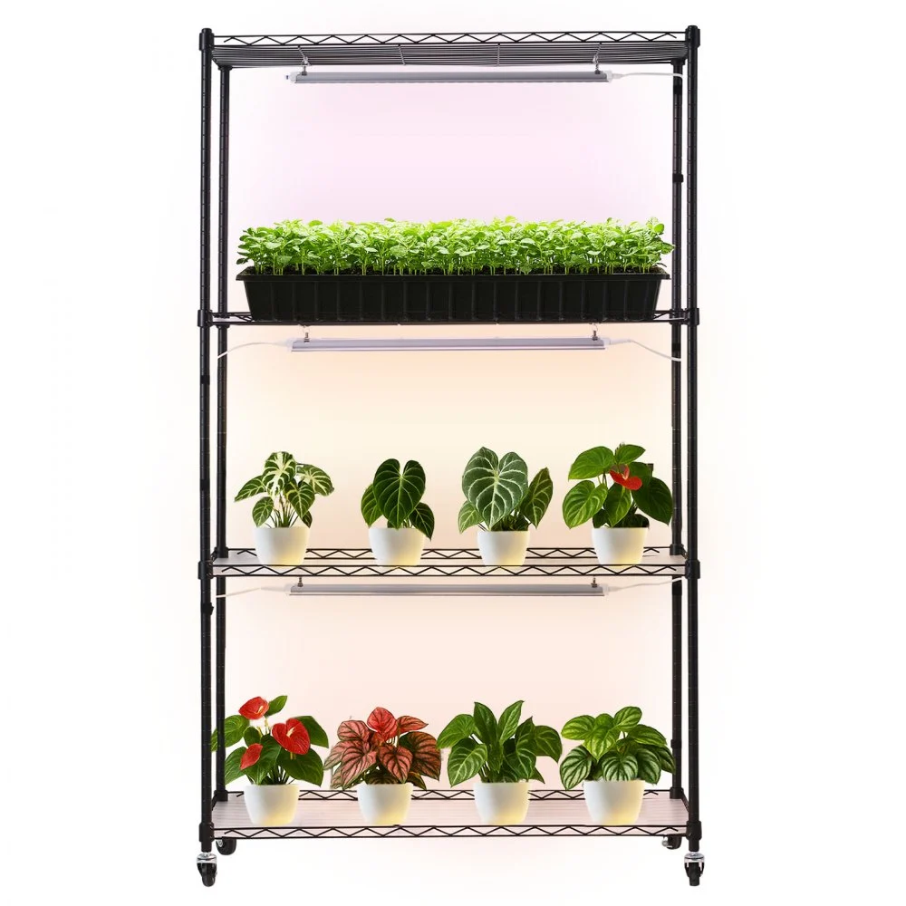 VEVOR Plant Shelf with Grow Light, 4-Tier Indoor Plant Stand, 59in Tall Plants Display Rack with Wheels, 90W 3-Color Full Spectrum Grow Lights, Heavy Duty Metal Flower Pot Holder for Seed Starting