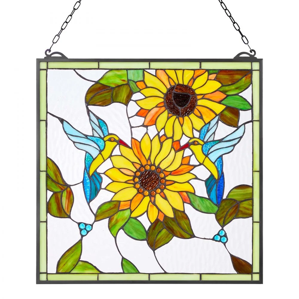 VEVOR Stained Glass Window Panel, 20 x 20 in, Tiffany Style Hanging Transom Window Panel with Chain, Large Vertical Rectangle Stain Glass, Vintage Traditional Art Handcrafts for Kitchen Home Decor