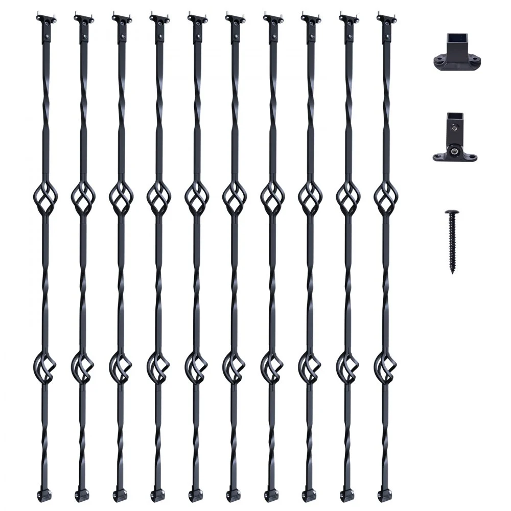 VEVOR Staircase Metal Balusters, 44'' x 1/2" Galvanized Steel Decorative Banister Spindles, 10 Pack Deck Baluster with Hollow Double Baskets, Spiral Stair Railing with Shoes & Screws