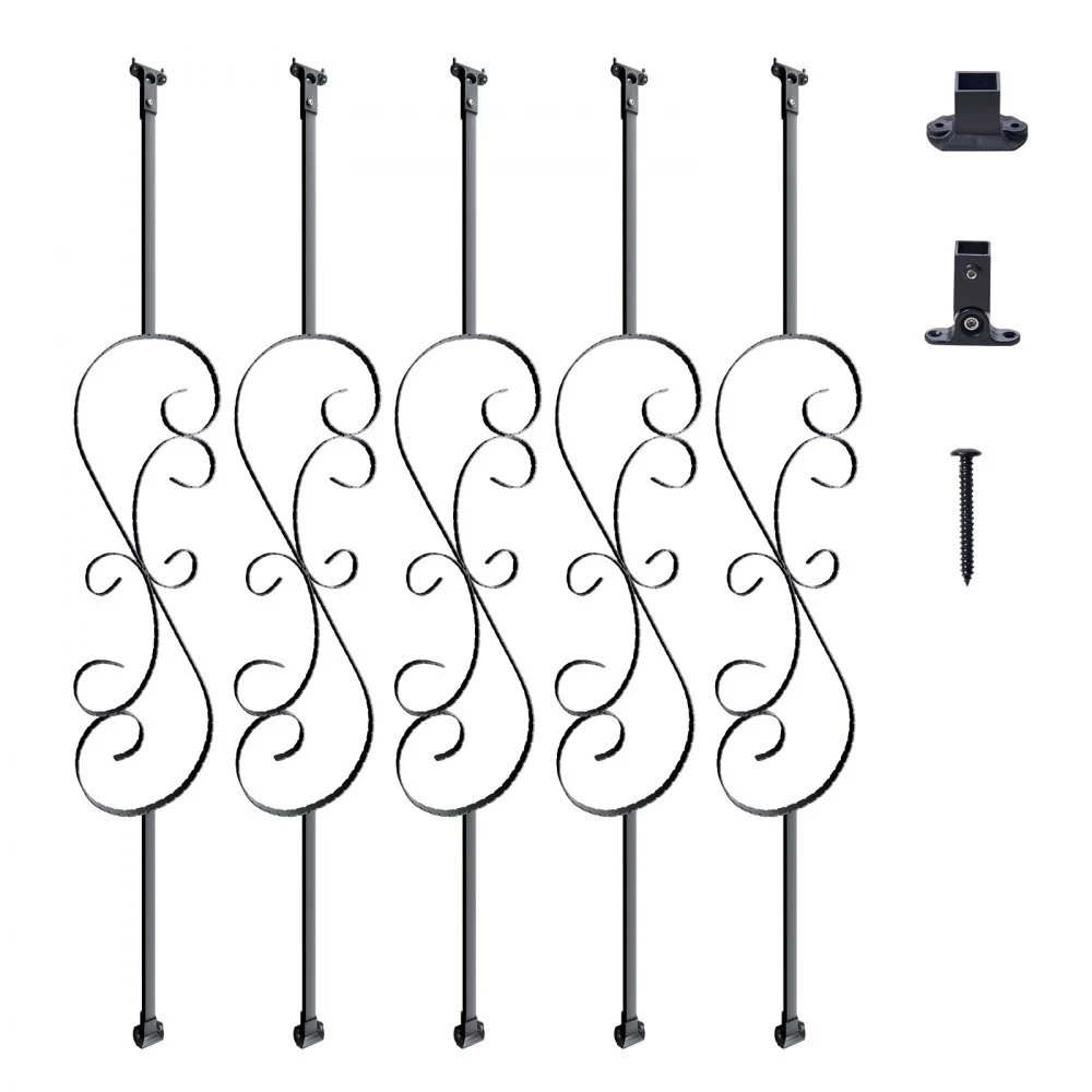 VEVOR Staircase Metal Balusters, 44'' x 1/2" Galvanized Steel Decorative Banister Spindles, 5 Pack S Shape Deck Baluster, Hollow Satin Black Spiral Stair Railing with Shoes & Screws
