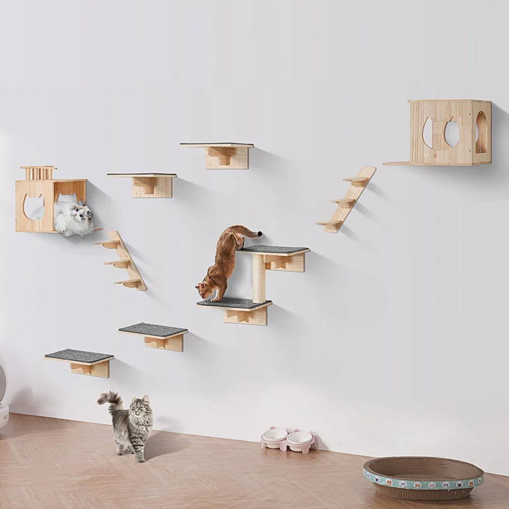 VEVOR Wall Mounted Cat Shelves, Cat Wall Shelves and Perches with Jumping Boards, Cat Beds, Hammocks & Cat Tree, Cat Furniture and Shelves up to 40 lbs for Sleeping, Playing, Climbing, Set of 9