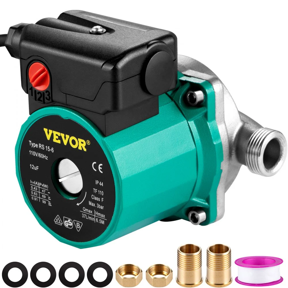 VEVOR Hot Water Recirculating Pump, 93W, 110V Water Circulator Pump, Circulation Pump, 3/4″ G Thread to 1/2″ NPT Brass Adapter, Stainless Steel Head, 3 Speed Control for Electric Water Heater System