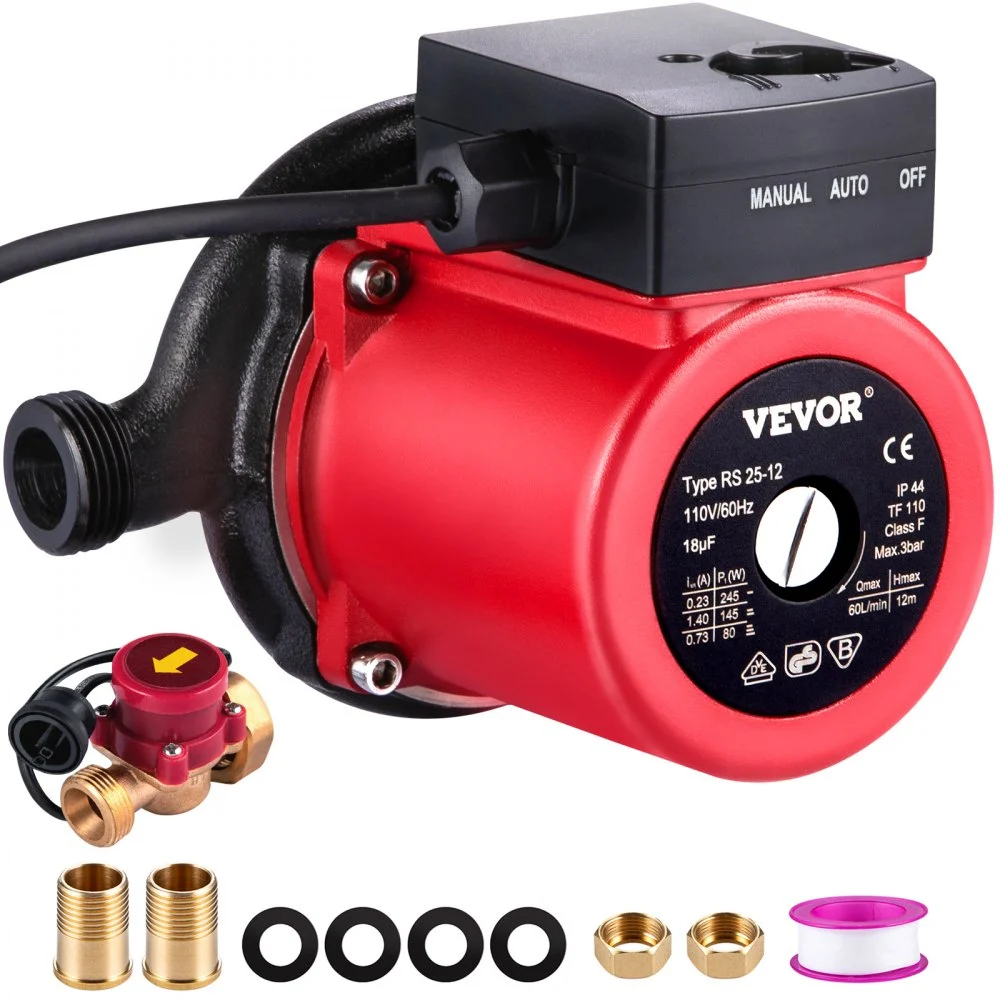 VEVOR Hot Water Recirculating Pump, 245W 110V Water Circulator Pump, Automatic Start Circulating Pump NPT 3/4" with Brass Fittings, Stainless Steel Head, 2 Speed Control for Electric Water Heater Sys