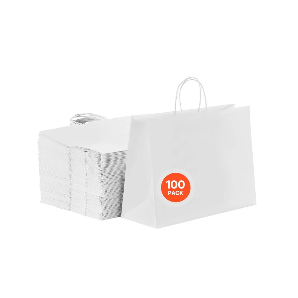 VEVOR Kraft Paper Bags with Handles, 100Pcs 16 x 6 x 12 in, Large Paper Grocery Bags, Reusable & Recycled Take-Out Sacks, Plain Party Bag Bulk for Birthday, Wedding, Business, Goody, White