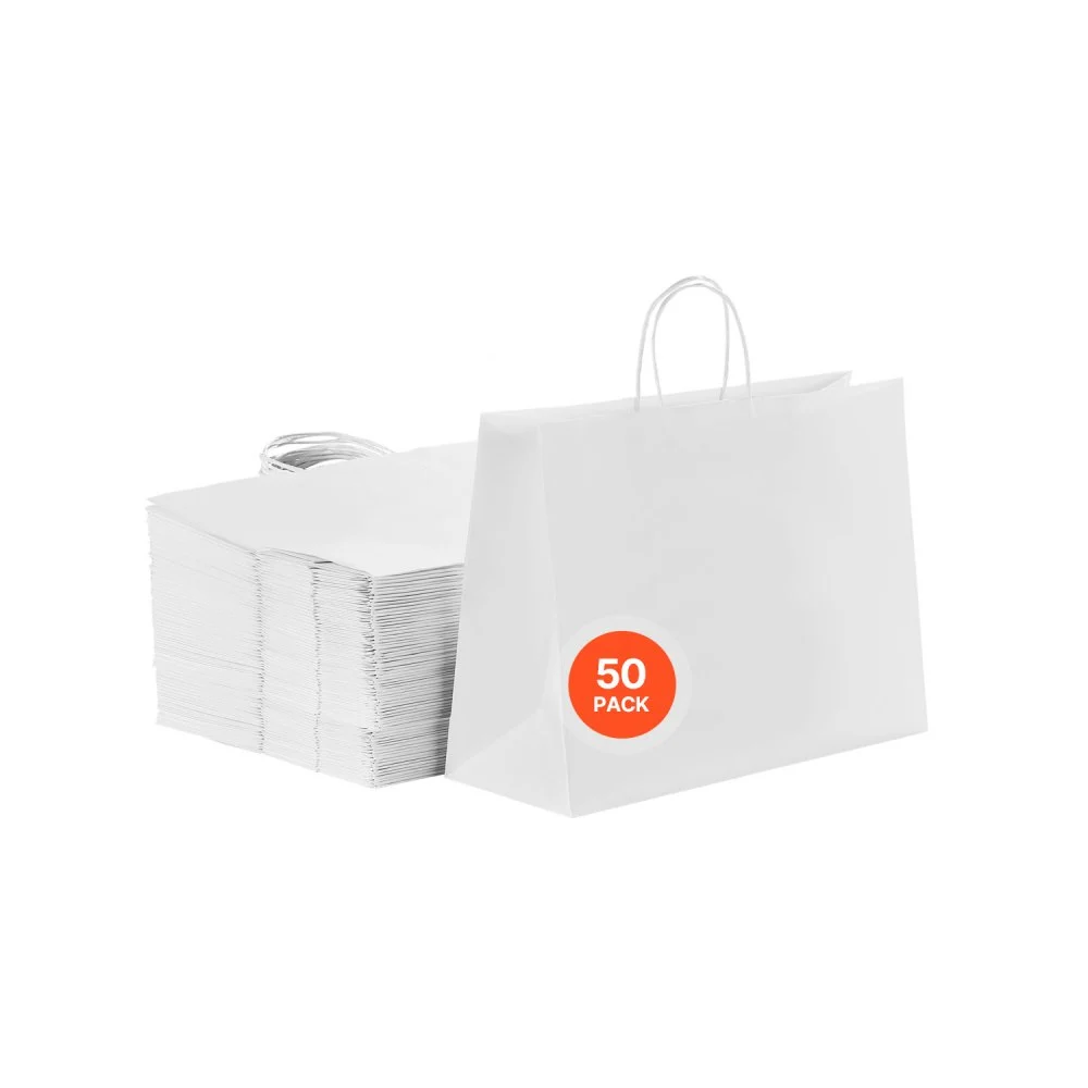 VEVOR Kraft Paper Bags with Handles, 50Pcs 16 x 6 x 12 in, Large Paper Grocery Bags, Reusable & Recycled Take-Out Sacks, Plain Party Bag Bulk for Birthday, Wedding, Business, Goody, White