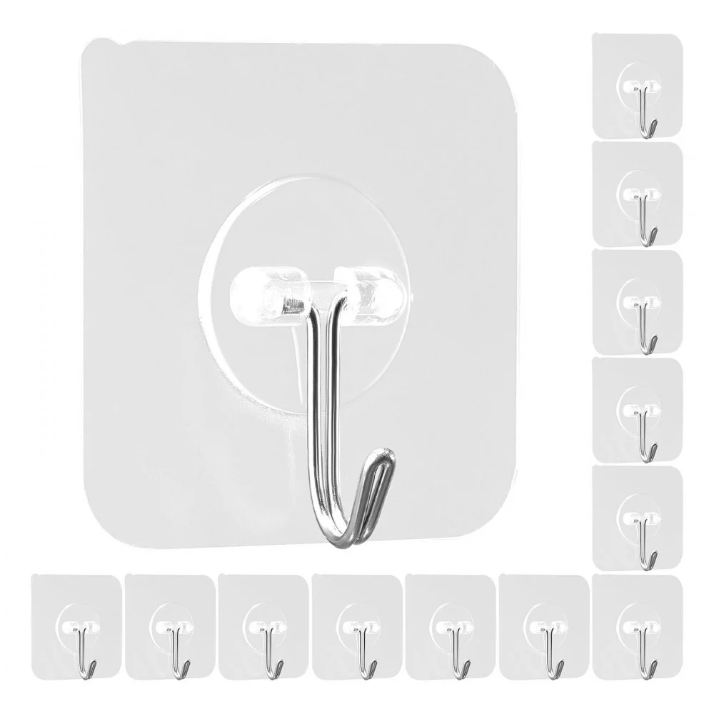 VEVOR Adhesive Hooks, 12 Pack Self-Adhesive Towel Coat Hooks, Heavy-Duty Wall Hook Hold 15 lbs (Max), Stainless Steel Sticky Hanger, for Bathroom, Kitchen, Hanging Towel, Coat & Keys (Transparent)